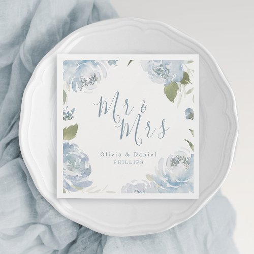 Mr  Mrs dusty blue watercolor floral wedding Napkins