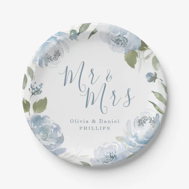 Mr & Mrs dusty blue watercolor floral wedding Paper Plates | Zazzle