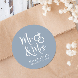 Mr Mrs Dusty Blue Wedding Classic Round Sticker