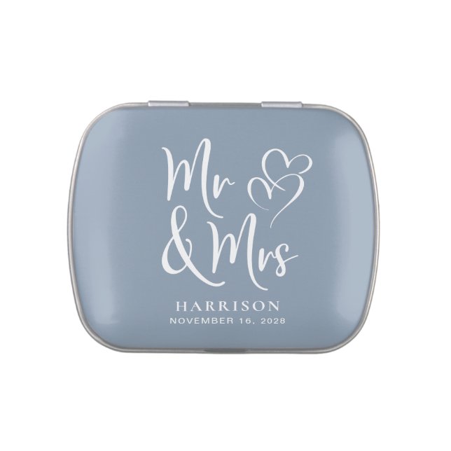Mr Mrs Dusty Blue Wedding Favor Candy Tin (Top)