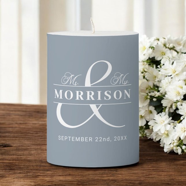 Mr Mrs Dusty Blue Wedding Favor  Pillar Candle (Creator Uploaded)