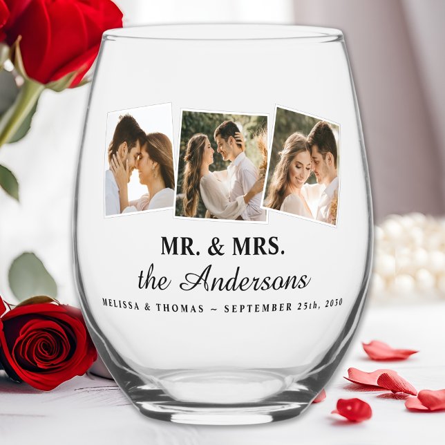 Mr & Mrs Elegant 3 Photo Bride Groom Wedding Stemless Wine Glass (Creator Uploaded)