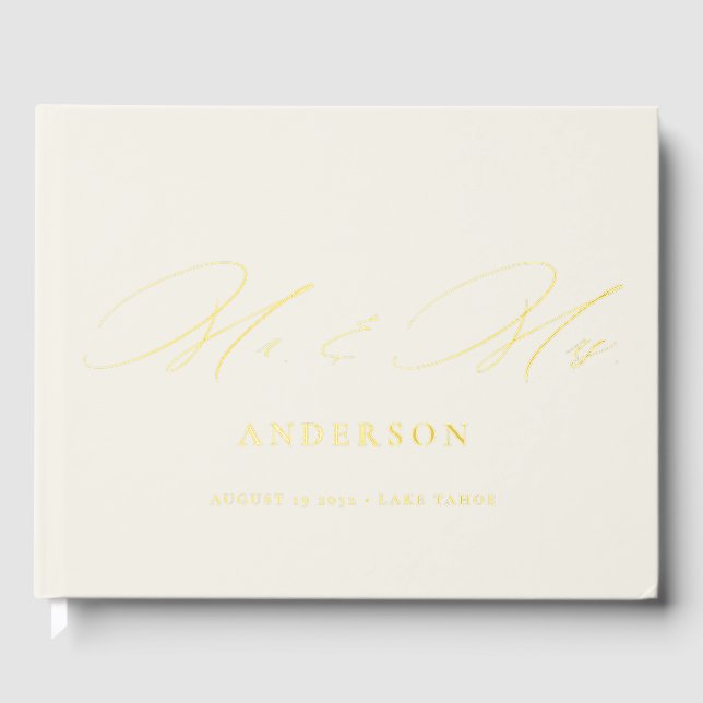 Mr & Mrs Elegant Calligraphy Cream Foil Wedding  Foil Guest Book (Front)
