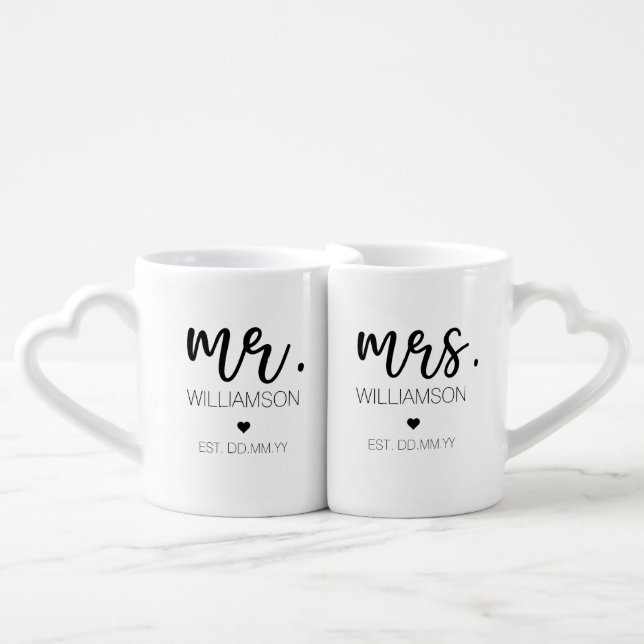 Mr. & Mrs. Elegant Custom Wedding Bride Groom Gift Coffee Mug Set (Front Nesting)