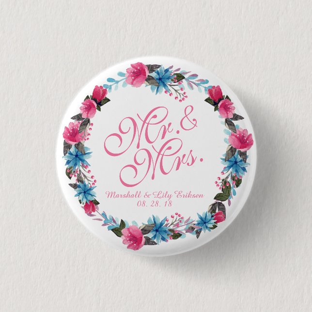 Mr. & Mrs. Elegant Floral Wedding Button (Front)