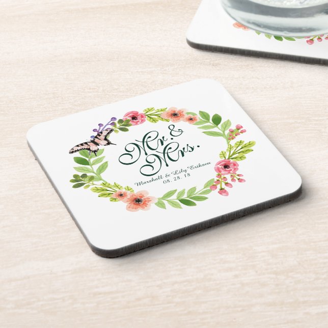 Mr. & Mrs. Elegant Floral Wedding | Coaster (Left Side)