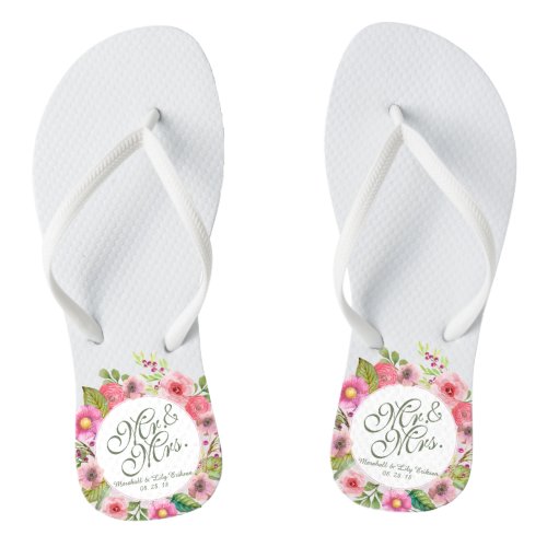 Mr  Mrs Elegant Floral Wedding Flip Flops