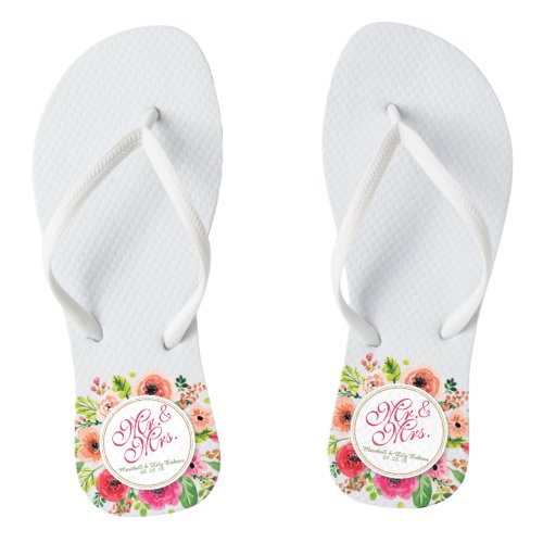 Mr  Mrs Elegant Floral Wedding Flip Flops