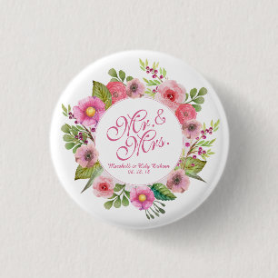 Mr. & Mrs. Elegant Floral Wedding   Pin Button