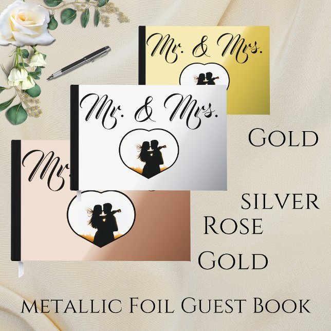 Mr. & Mrs. Elegant Modern Photo Heart Wedding  Foil Guest Book (Creator Uploaded)