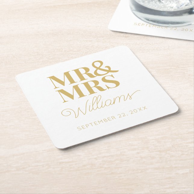 Mr Mrs Elegant Rehearsal Engagement Party Classic  Square Paper Coaster (Angled)