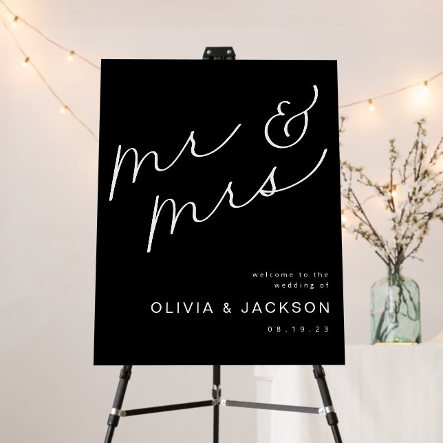 Mr & Mrs Elegant Script Black Wedding Welcome Sign (In Situ (Stand))