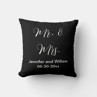 Mr & Mrs Elegant Script Black White Names Wedding Throw Pillow