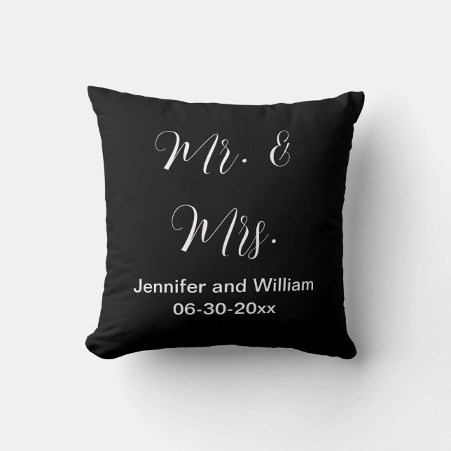 Mr & Mrs Elegant Script Black White Names Wedding Throw Pillow (Front)