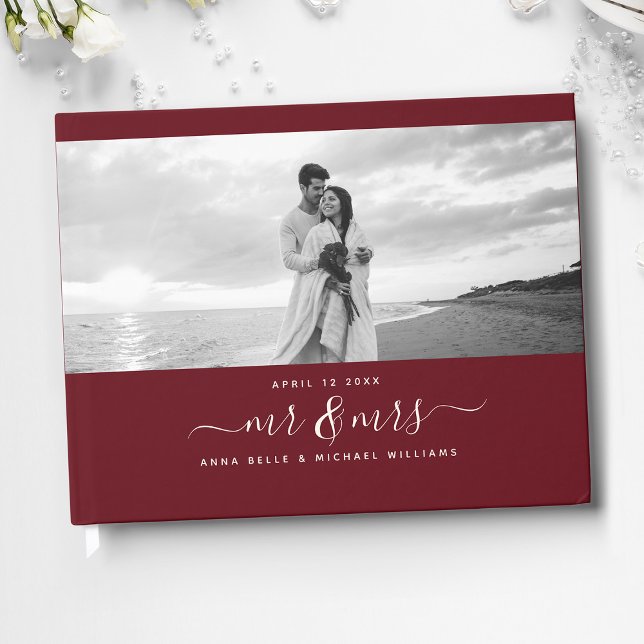 Mr & Mrs Elegant Script Burgundy Photo Wedding Guest Book (Creator Uploaded)