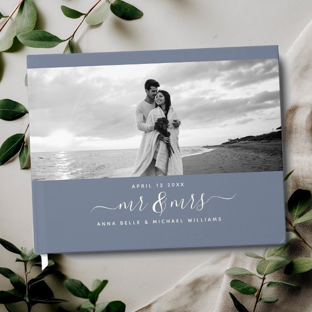 Mr & Mrs Elegant Script Dusty Blue Photo Wedding Guest Book (Creator Uploaded)