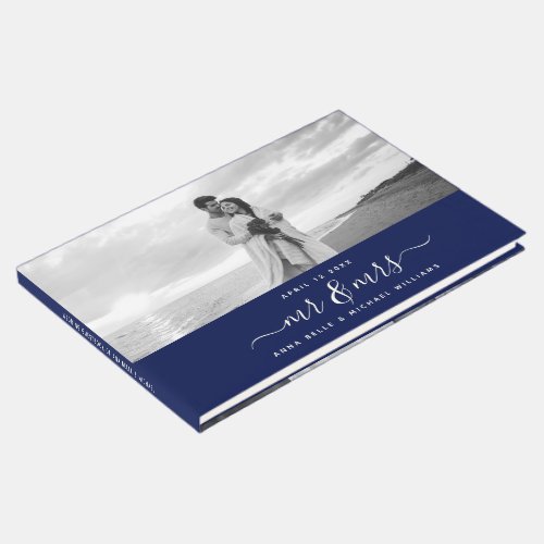Mr  Mrs Elegant Script Navy Blue Photo Wedding Guest Book