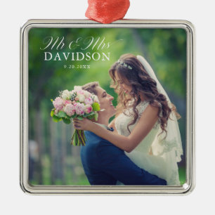 Mr. & Mrs. Elegant Script Newlywed Christmas Metal Ornament