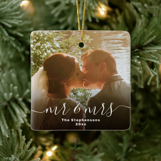 Mr & Mrs Elegant Script Overlay Double Sided Photo Ceramic Ornament (Tree)
