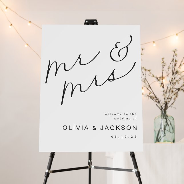 Mr & Mrs Elegant Script White Wedding Welcome Sign (In Situ (Stand))