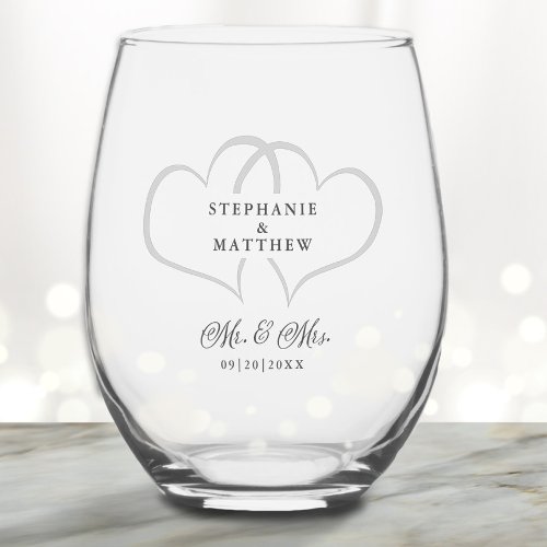 Mr  Mrs Elegant Wedding Chic Hearts Names Custom Stemless Wine Glass