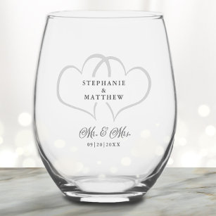 Mr & Mrs Elegant Wedding Chic Hearts Names Custom Stemless Wine Glass