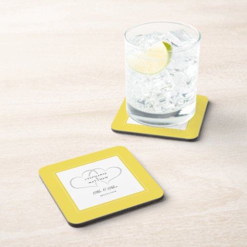 Mr  Mrs Elegant Wedding Chic Hearts Yellow Custom Beverage Coaster