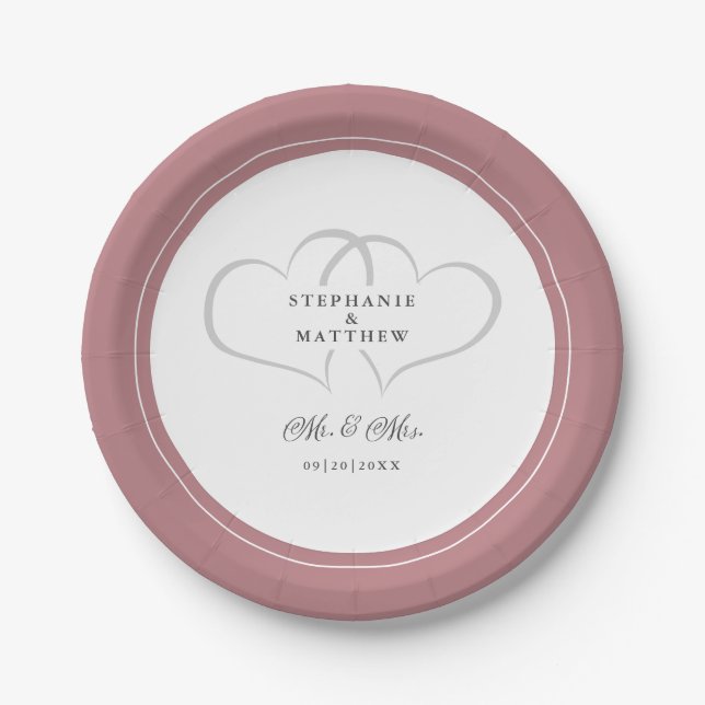 Mr & Mrs Elegant Wedding Dusty Rose Pink Modern Paper Plates (Front)