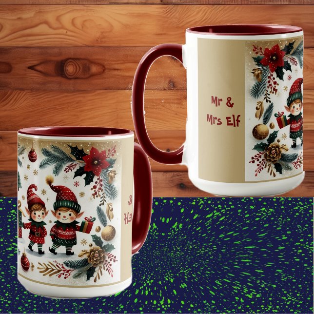Mr & Mrs Elf Merry Christmas Poinsettia Botanicals Mug (Mr & Mrs Elf Merry Christmas Poinsettia Botanicals Mug)