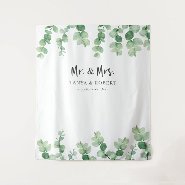 Mr & Mrs Eucalyptus Wedding Backdrop Bride Groom (Front)