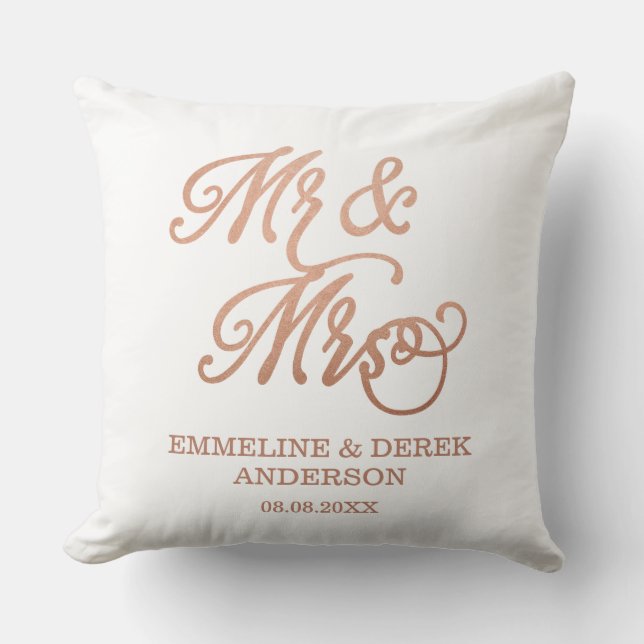 Mr & Mrs Faux Copper | Custom Names & Wedding Date Throw Pillow (Front)