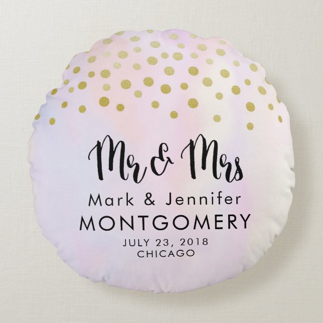 Mr. & Mrs.  Faux Gold Confetti on Purple Wedding Round Pillow (Front)
