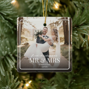 Mr & Mrs First Chirstmas Boarder Custom Photo  Ceramic Ornament