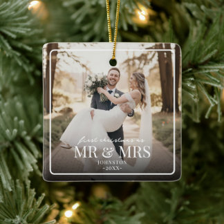 Mr & Mrs First Chirstmas Boarder Custom Photo Ceramic Ornament