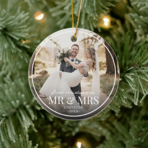 Mr & Mrs First Chirstmas Boarder Custom Photo  Ceramic Ornament