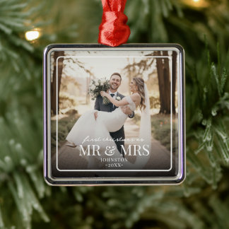 Mr & Mrs First Chirstmas Boarder Custom Photo Metal Ornament