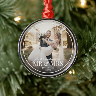 Mr & Mrs First Chirstmas Boarder Custom Photo Metal Ornament