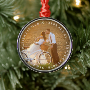 Mr & Mrs First Christmas Circle Text Wedding Photo Metal Ornament