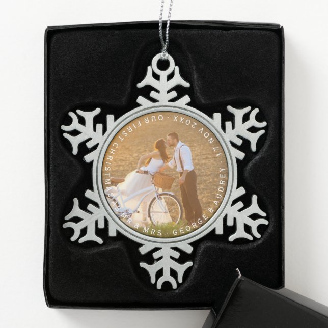 Mr & Mrs First Christmas Circle Text Wedding Photo Snowflake Pewter Christmas Ornament (Box)