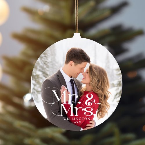 Mr  Mrs First Christmas Married Photo Ceramic Ornament