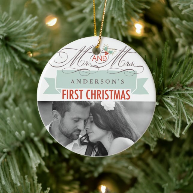 Mr & Mrs First Christmas Mistletoes Photo Wedding Ceramic Ornament (Tree)