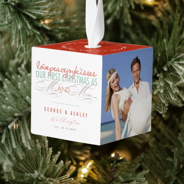 Mr & Mrs First Christmas Mistletoes Photo Wedding Cube Ornament (Tree)