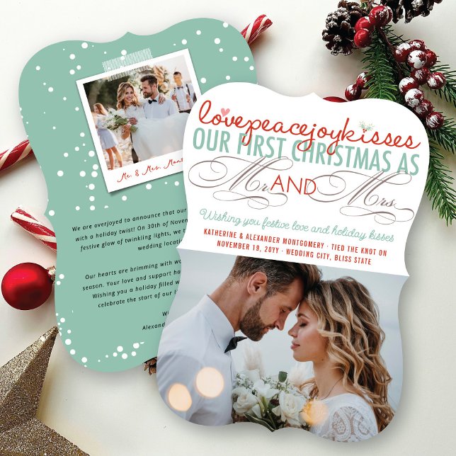 Mr & Mrs First Christmas Mistletoes Photo Wedding Holiday Card (Love Peace Joy Kisses Mr And Mrs First Christmas 4 Photo Collage Wedding Holiday Card @ fat_fa_tin)