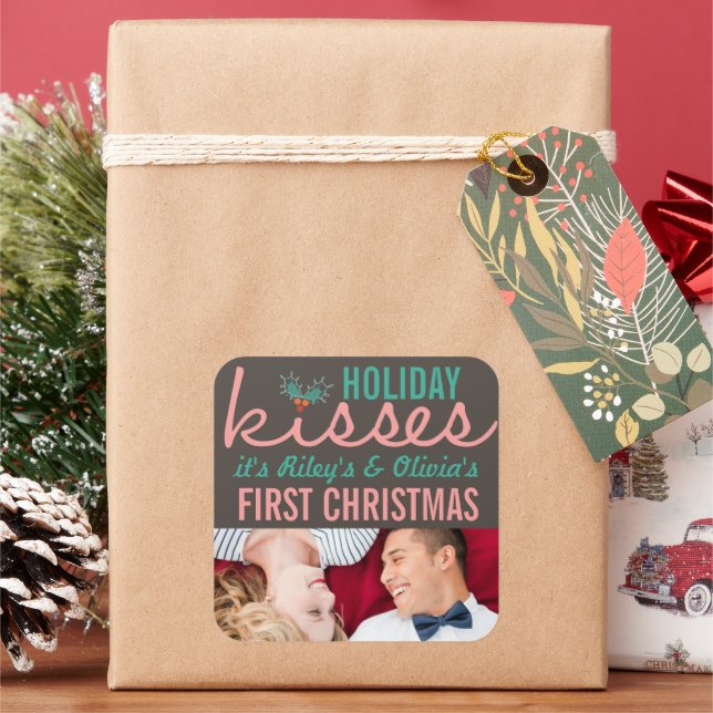 Mr & Mrs First Christmas Mistletoes Photo Wedding Square Sticker (Holiday)