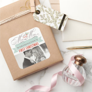 Mr & Mrs First Christmas Mistletoes Photo Wedding Square Sticker