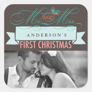 Mr & Mrs First Christmas Mistletoes Photo Wedding Square Sticker