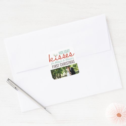 Mr  Mrs First Christmas Mistletoes Photo Wedding Square Sticker