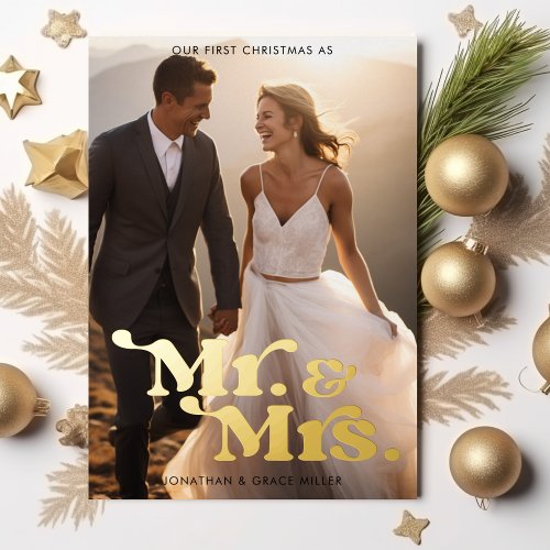 Mr  Mrs First Christmas Modern Retro Typography Foil Holiday Card