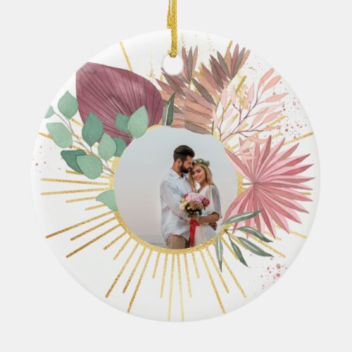 Mr  Mrs First Christmas Photo Boho Pampas Wreath Ceramic Ornament