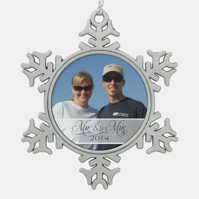 Mr & Mrs First Christmas Photo Photograph Picture Snowflake Pewter Christmas Ornament (Front)
